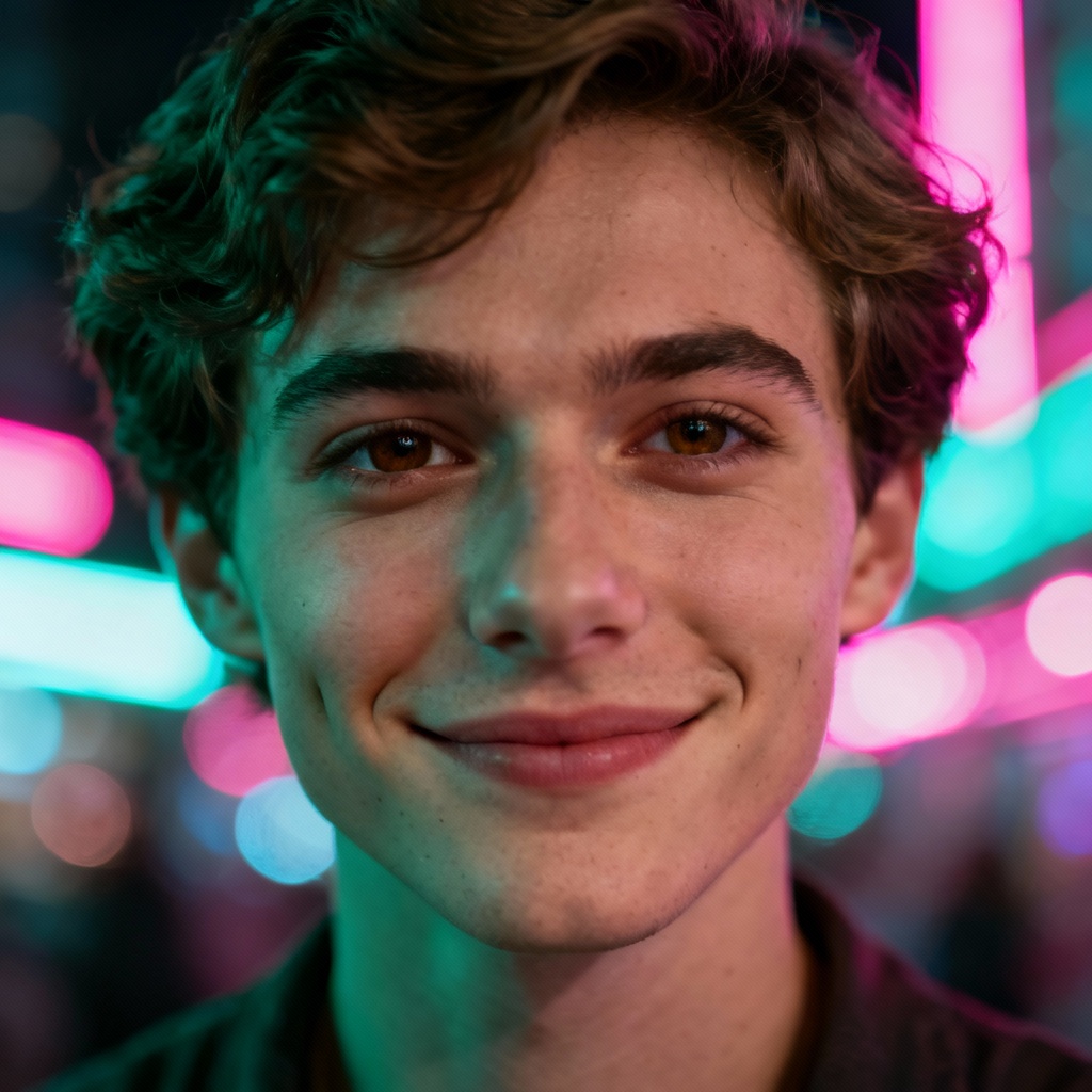 AI soulmate portrait with neon city background