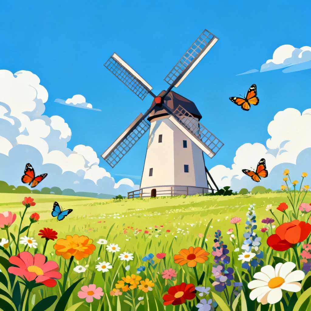 AI windmill in wildflower meadow under blue sky