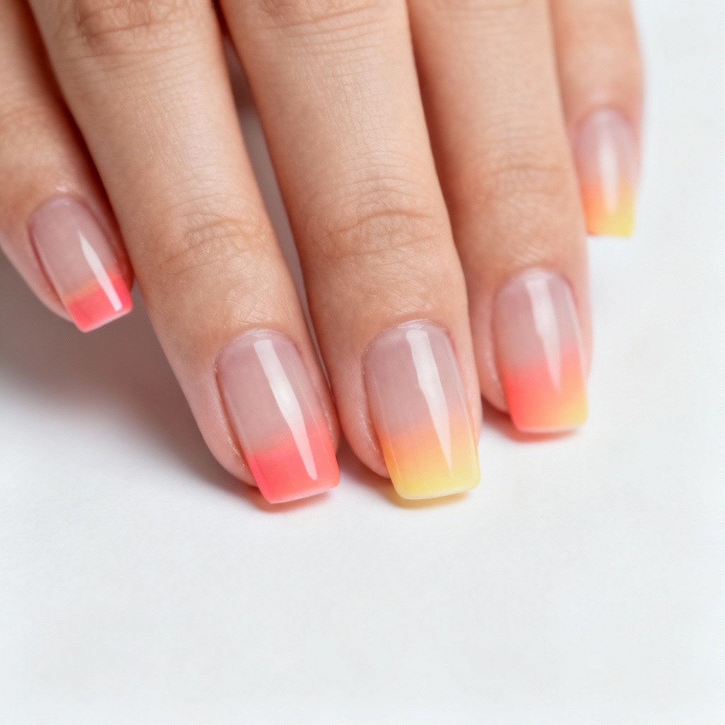AI micro French tip square nails in sunrise gradient
