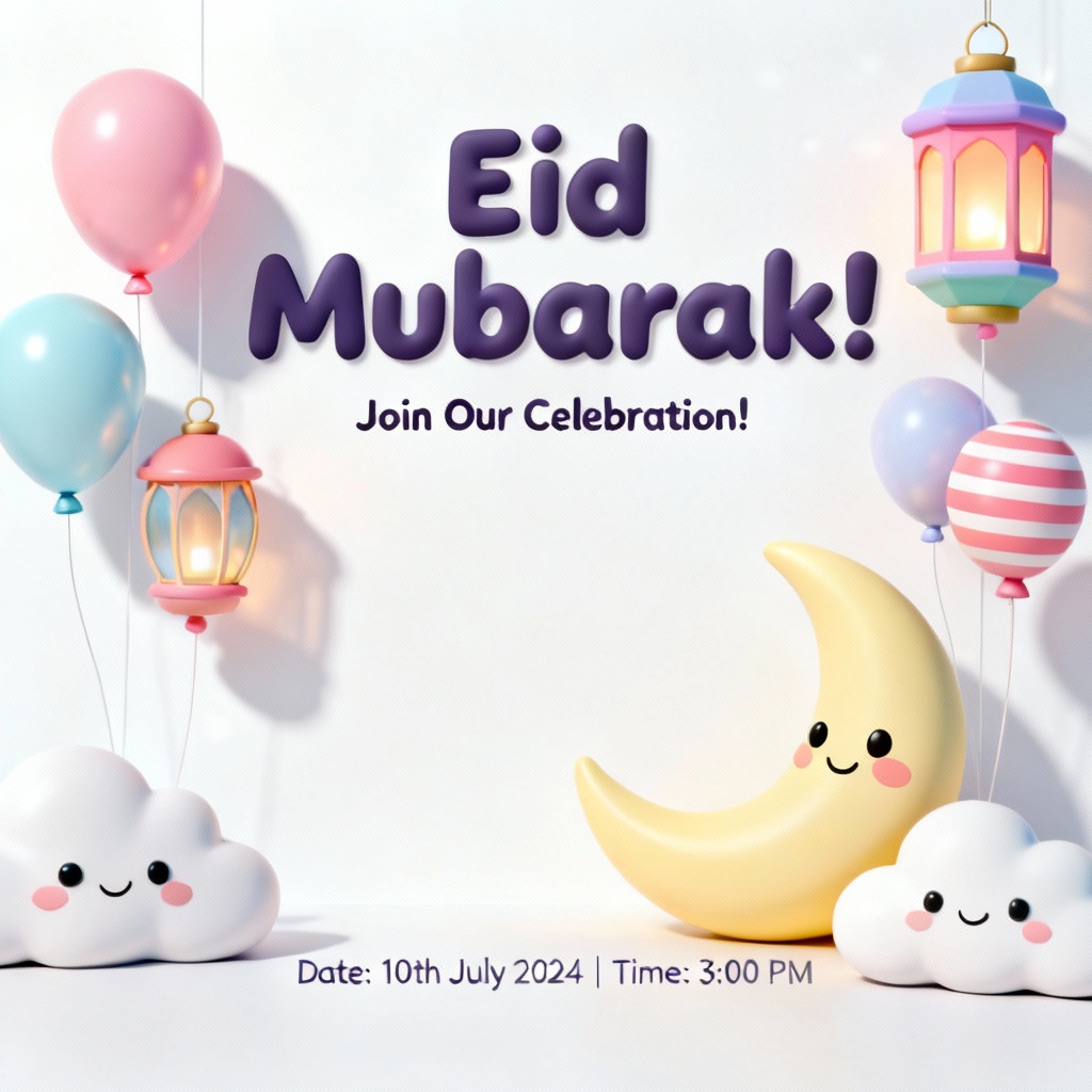 AI kids Eid party invite in playful 3D pastel style