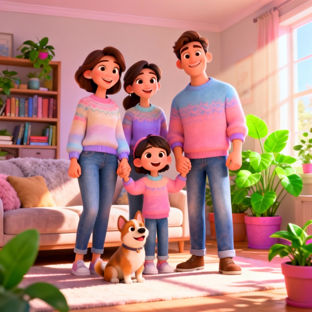 AI cartoon family portrait in Pixar inspired 3D style
