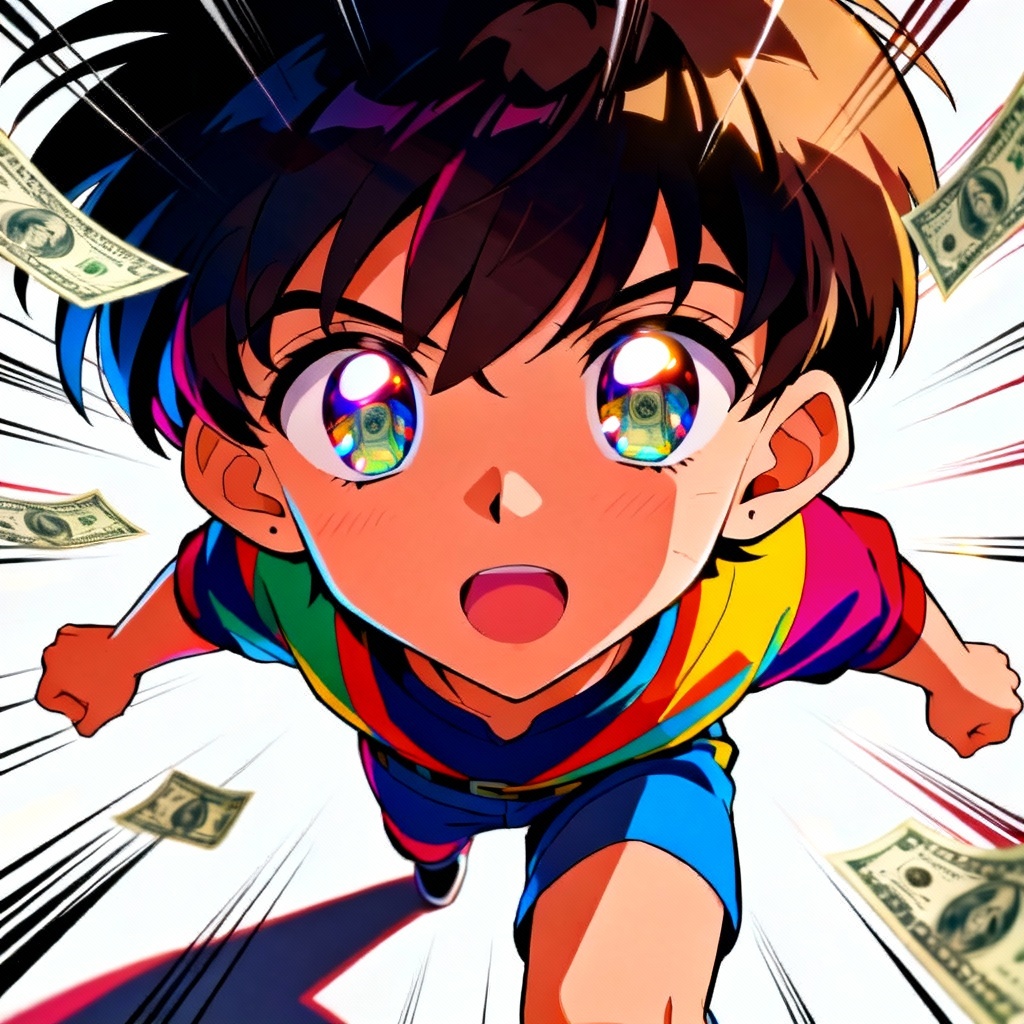 Anime character with money eyes and dynamic lines