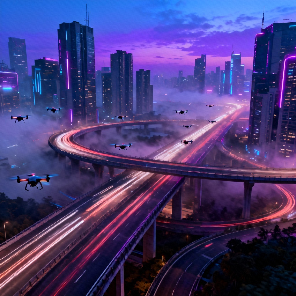 Futuristic cyberpunk overpass with layered highways and drones