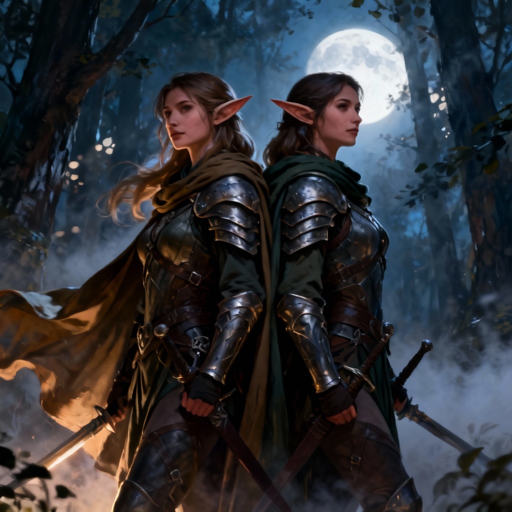 Fantasy ranger girlfriends standing back-to-back