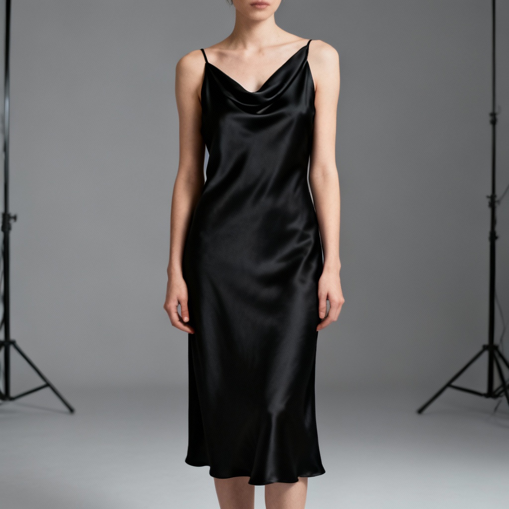 AI minimalist black slip dress studio shot