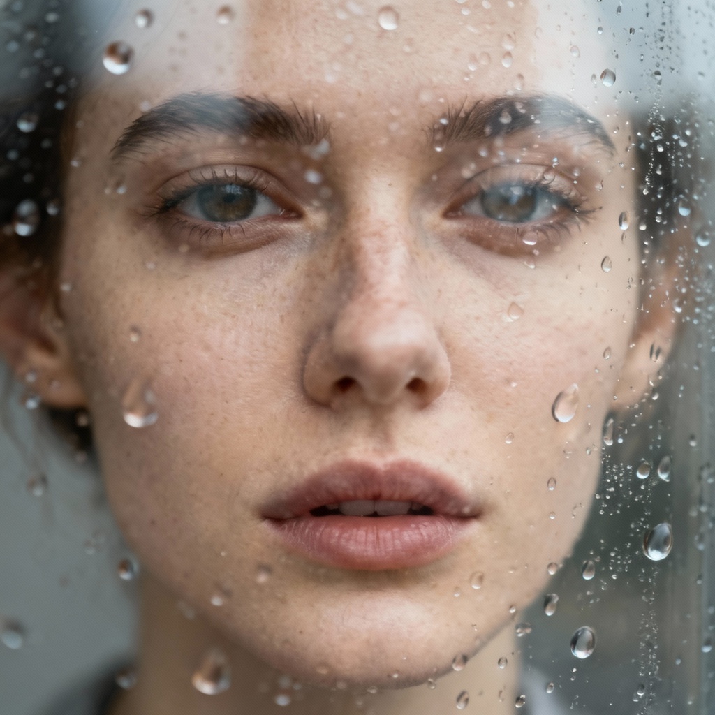 Portrait behind glass with gentle drizzle droplets