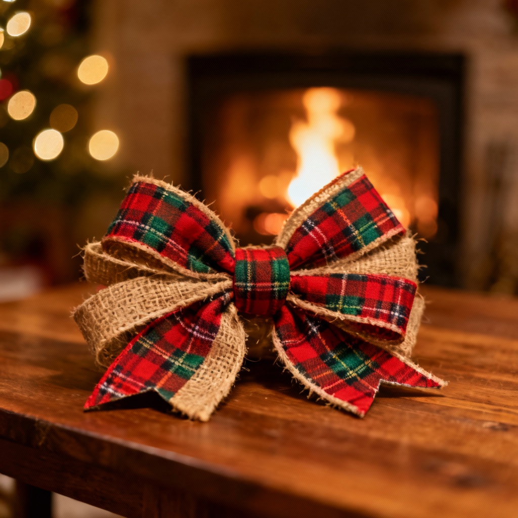 AI tartan plaid Christmas bow with rustic jute ribbon