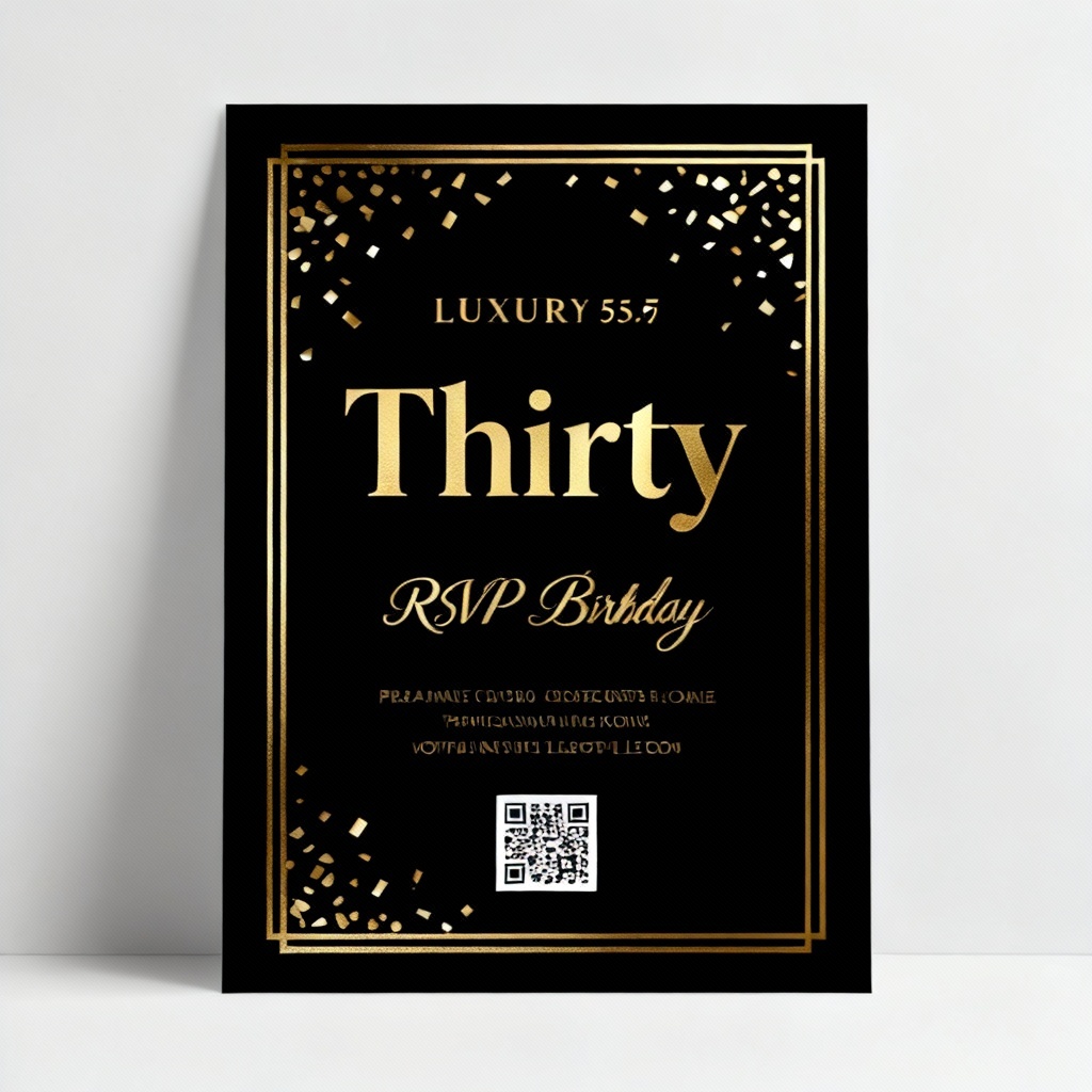 AI gold foil birthday invitation on black with elegant typography