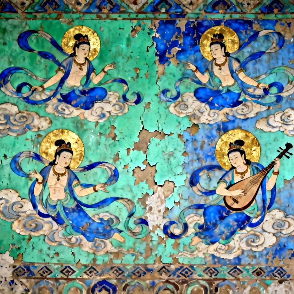 AI Tang Dynasty mural of flying apsaras with instruments