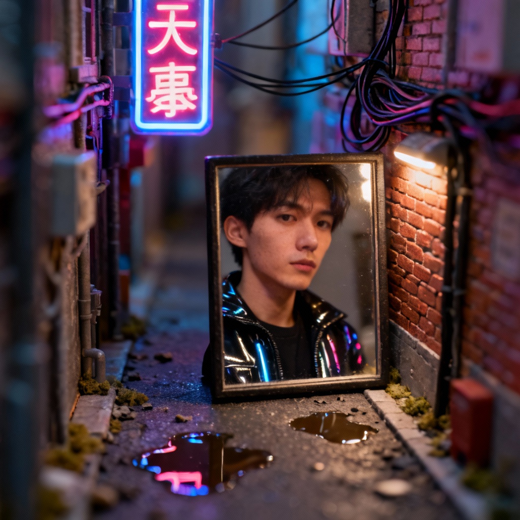 AI diorama selfie in a tiny neon alley with tilt shift effect