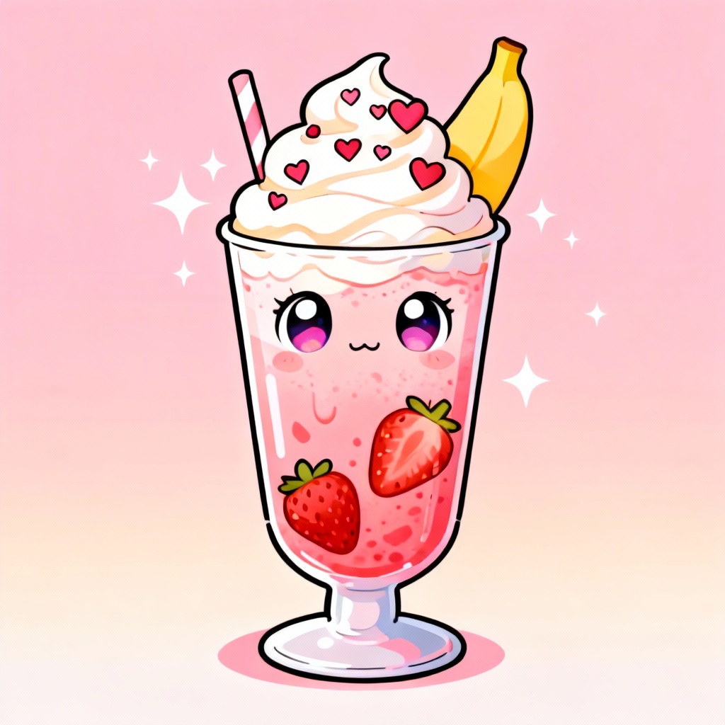Kawaii anime style milkshake with pastel colors and heart sprinkles