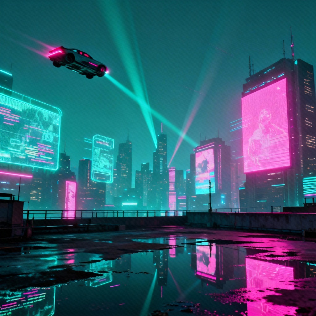AI glitchcore cyberpunk cityscape with holograms