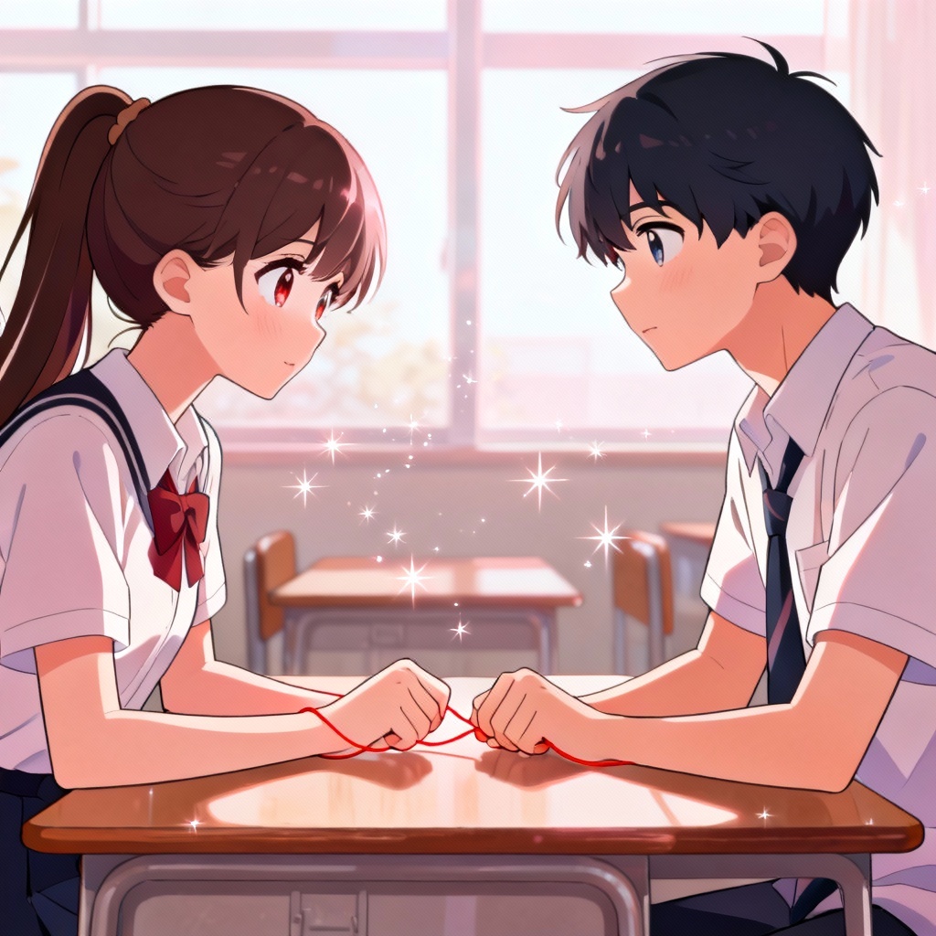 Anime-style classroom with red string of fate