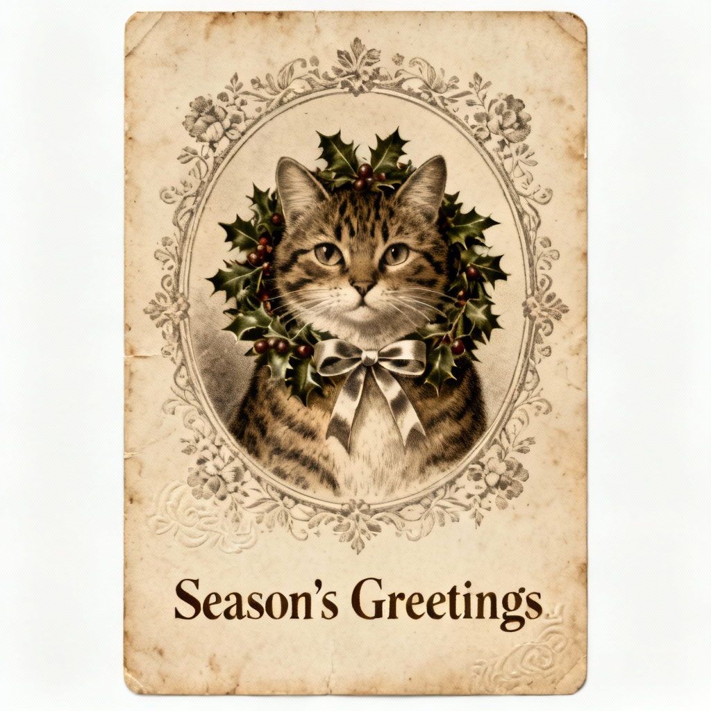 Vintage Victorian Christmas postcard cat illustration