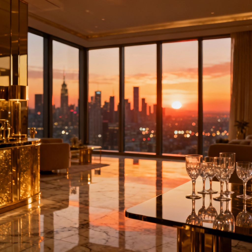 AI luxury penthouse at sunset with marble and gold accents