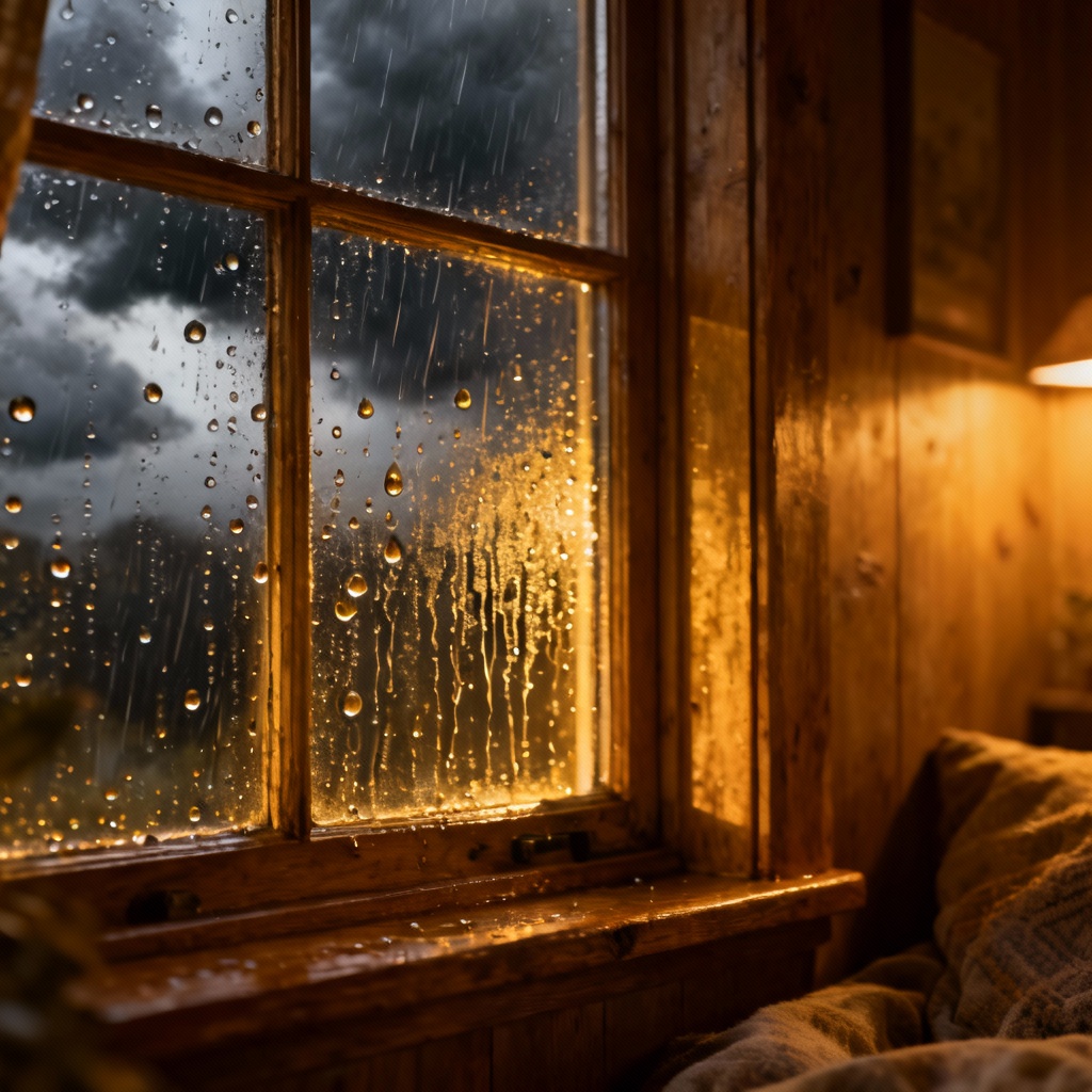 Water droplets on cottage window during storm