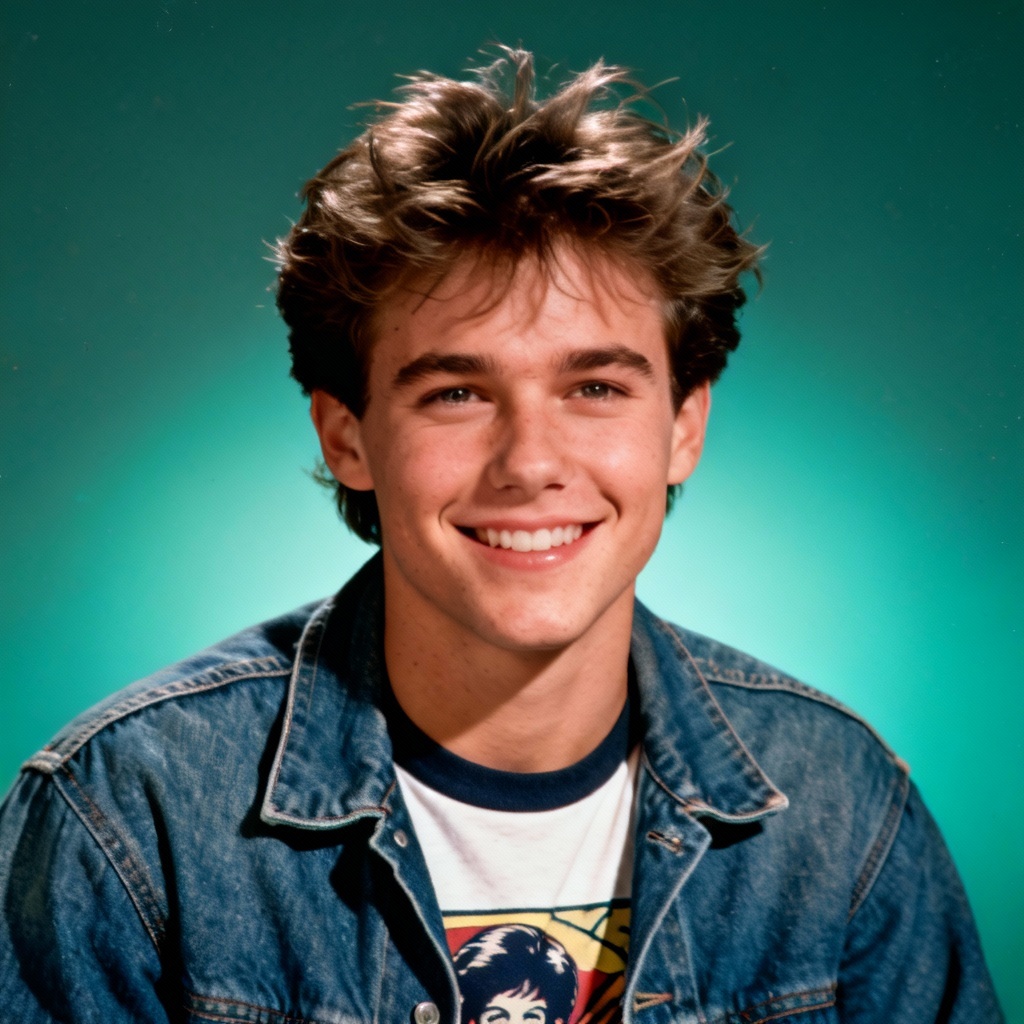 AI 80s skater yearbook headshot with denim jacket