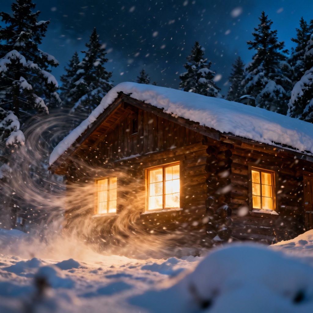 AI blizzard around a cozy cabin in the woods