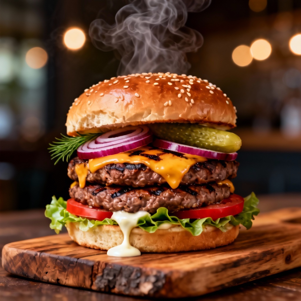AI generated realistic burger hero shot with melted cheese and sesame bun