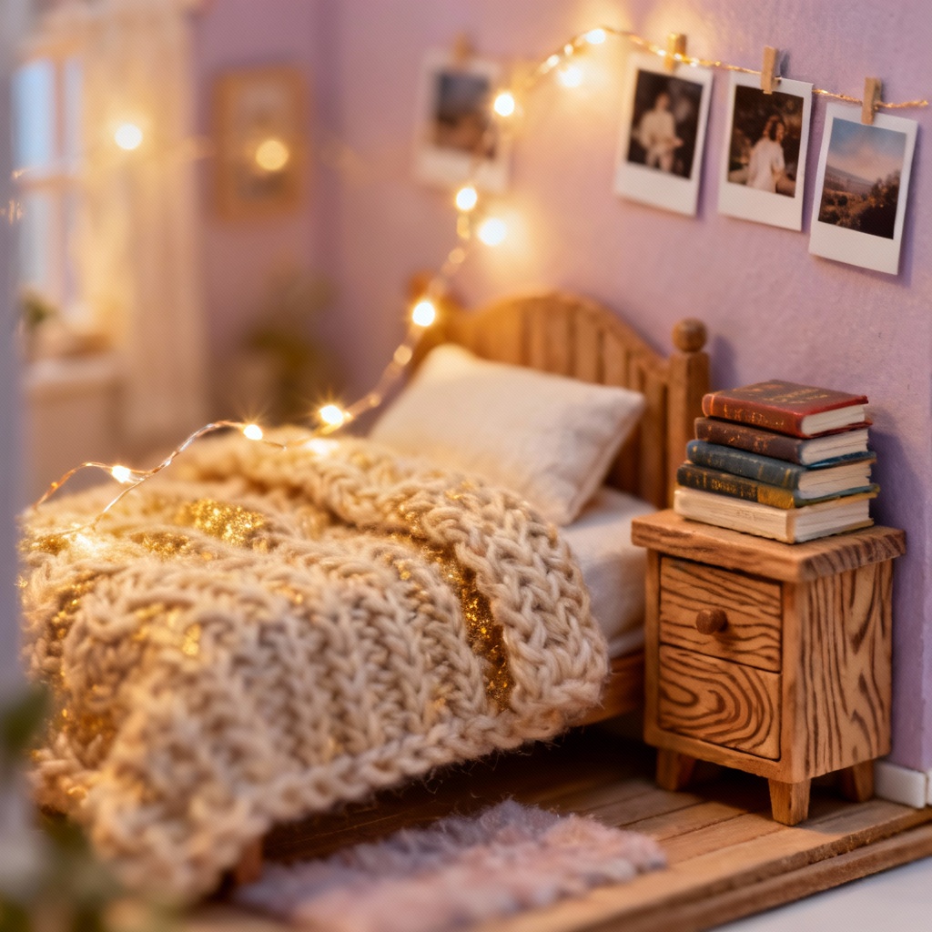 AI dollhouse style diorama selfie in a cozy bedroom