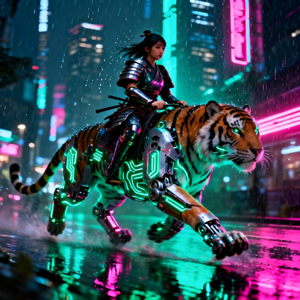 AI Cyberpunk Tiger Rider in neon city
