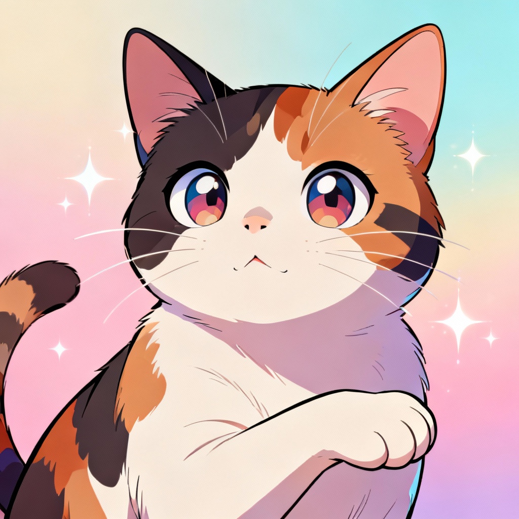 Anime-style AI cat portrait of a calico with big eyes
