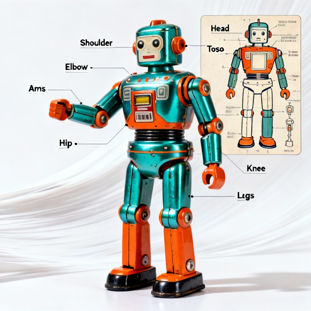 AI retro robot action figure concept with exploded view
