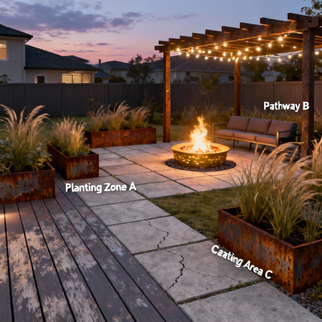 AI landscape design render of modern backyard plan with deck and pergola