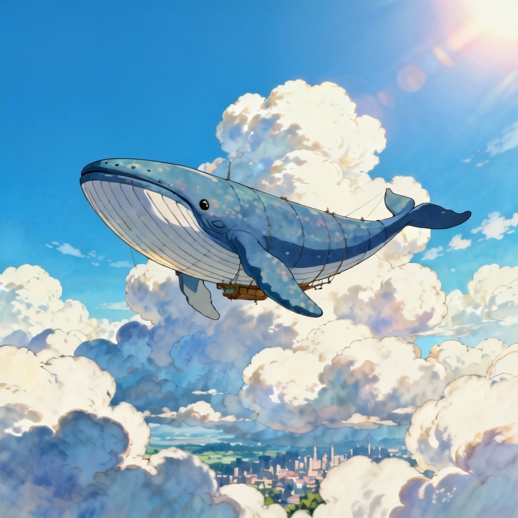 AI Ghibli-style sky scene with whale-shaped airship and clouds