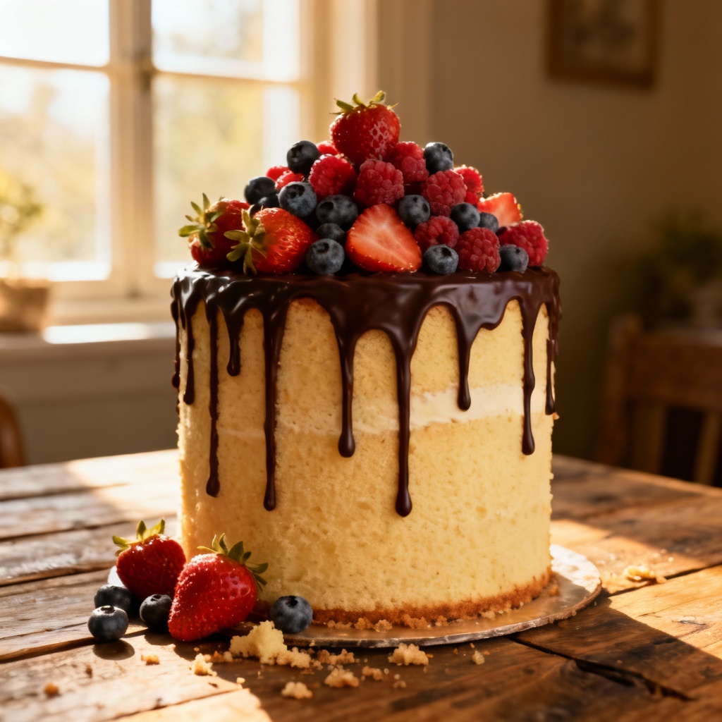 AI chocolate drip cake with berries and ganache