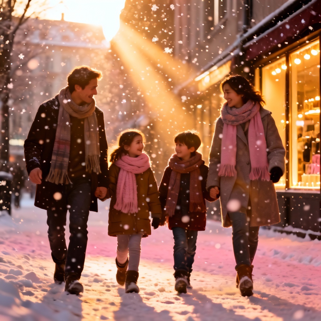 AI Snow Day Family Walk in City at Golden Hour