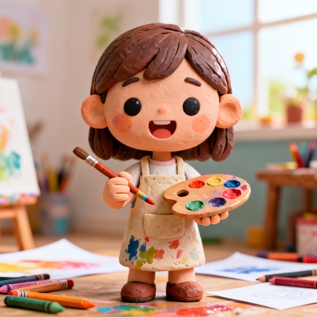 AI 3D clay little girl artist with paint palette