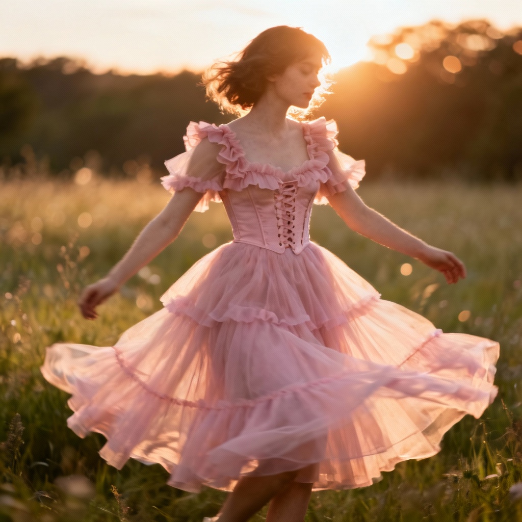 AI rose pink tulle dress in meadow
