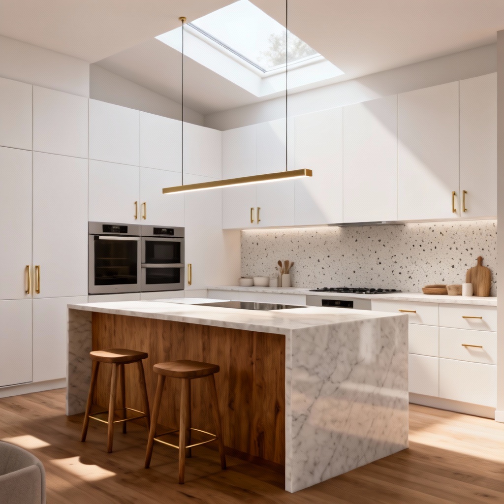 AI contemporary kitchen with quartz island and brass accents
