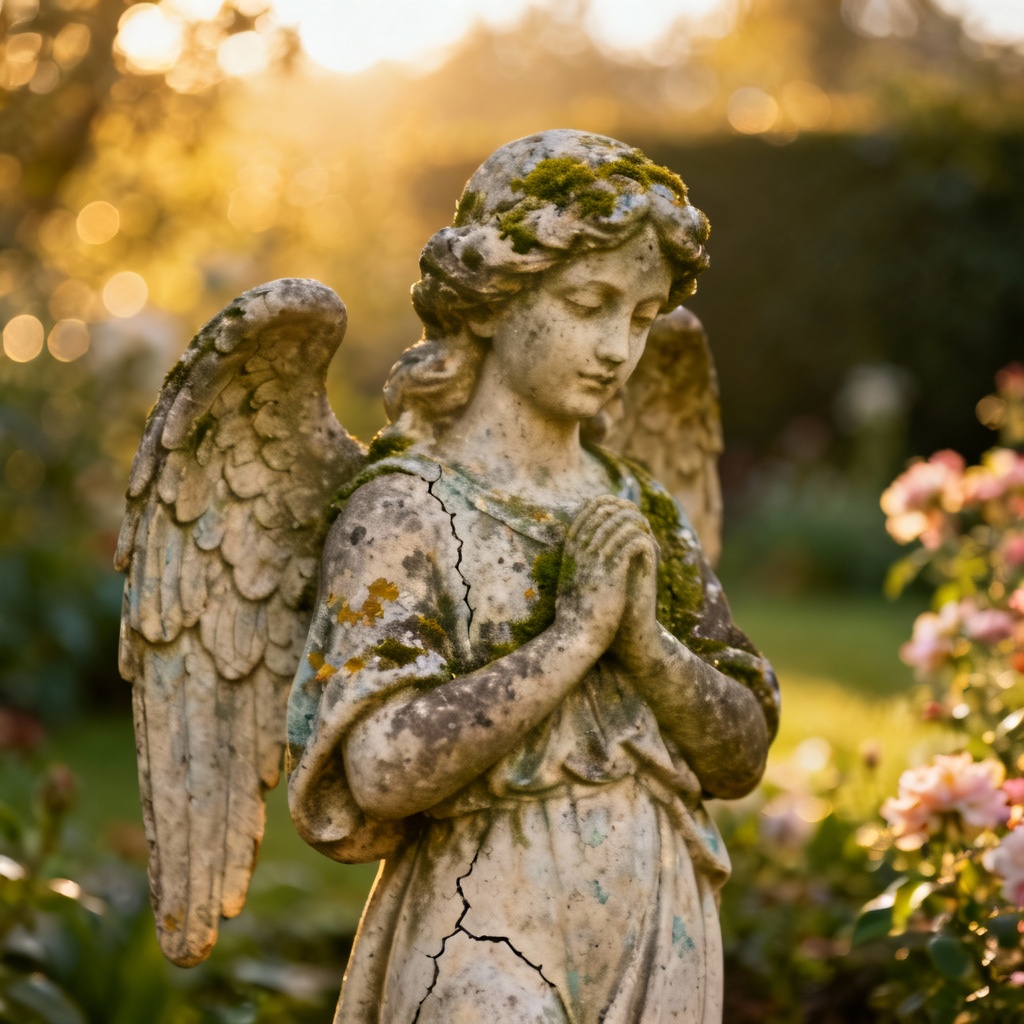 AI Weathered Limestone Angel Garden Statue