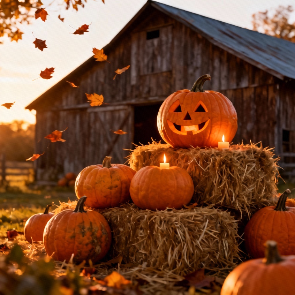 AI autumn farm scene with carved pumpkin on hay