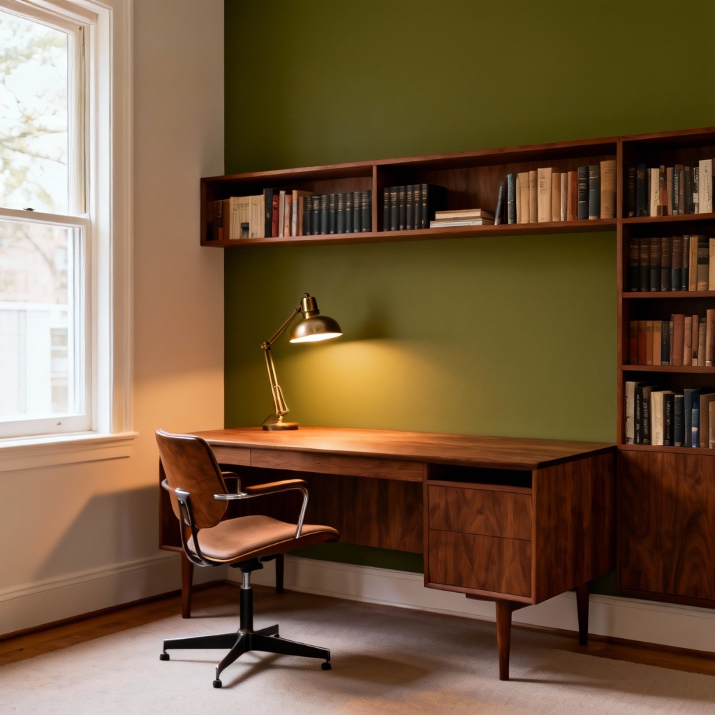 AI mid-century home office in walnut and olive green