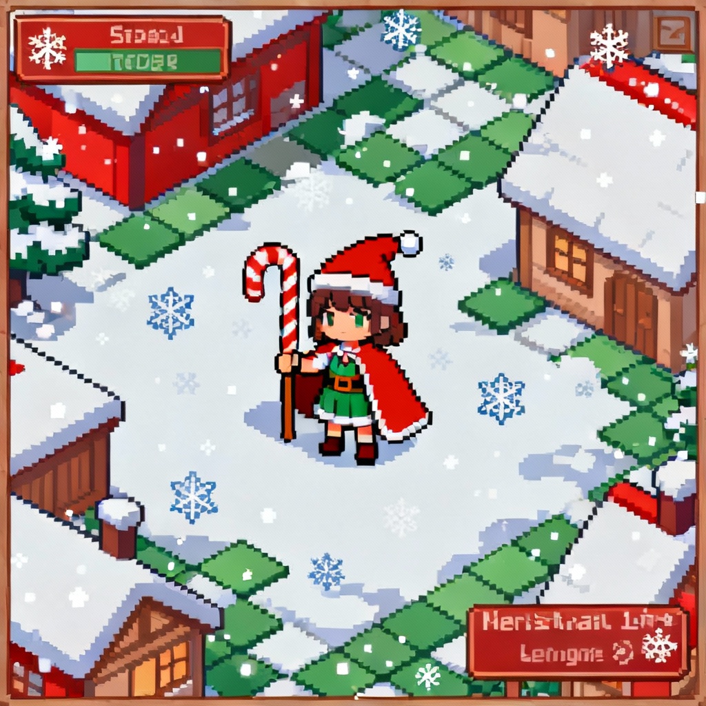 Pixel art Christmas girl hero with candy cane staff