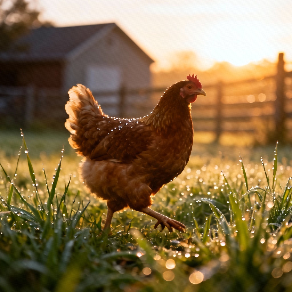 AI realistic hen at sunrise