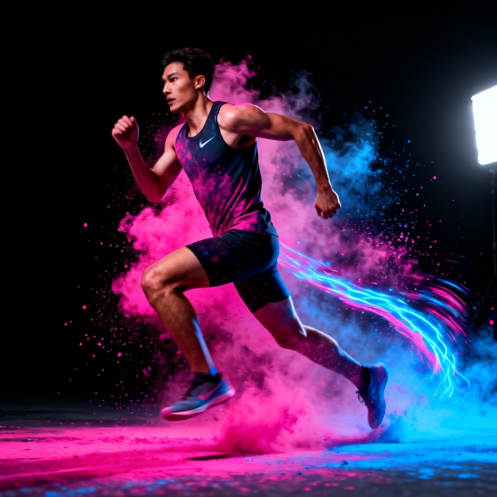 AI Holi color explosion action shot with athlete running