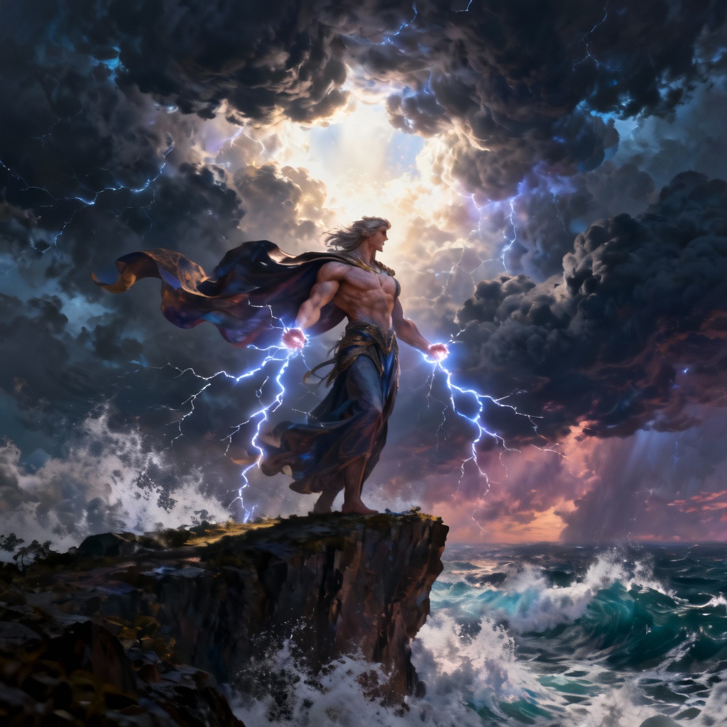 AI storm god summoning lightning in dramatic clouds