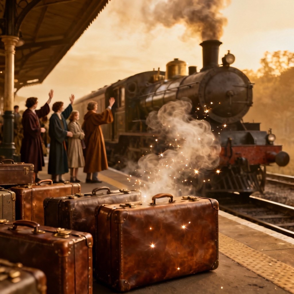 AI enchanted railway platform farewell scene