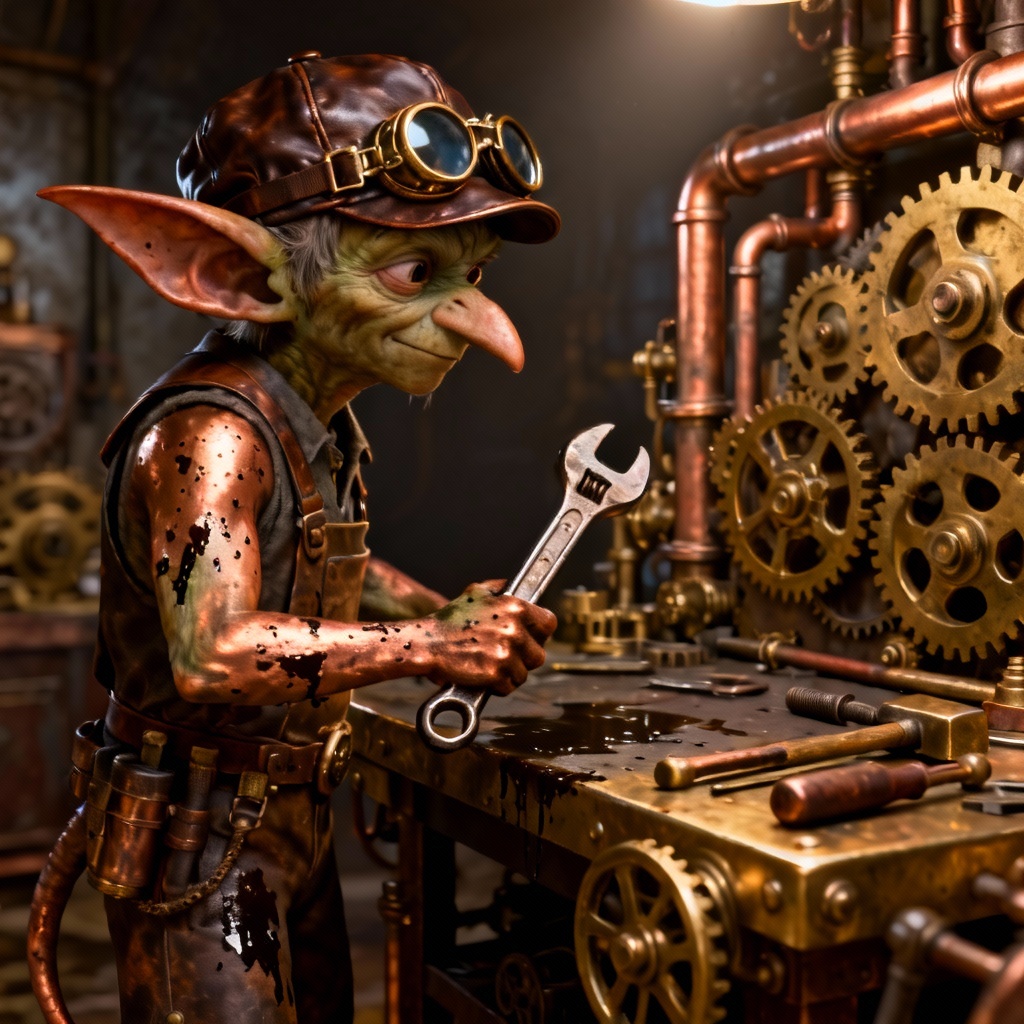 Steampunk tinkerer gremlin with gears and tools