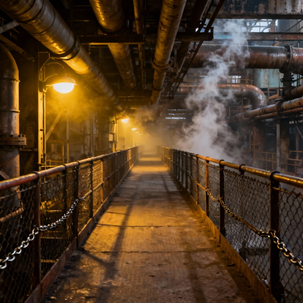 AI industrial corridor with steel catwalk and pipes