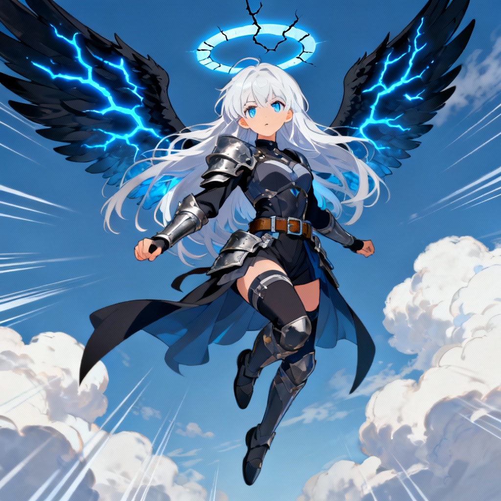 Anime fallen angel heroine with obsidian wings