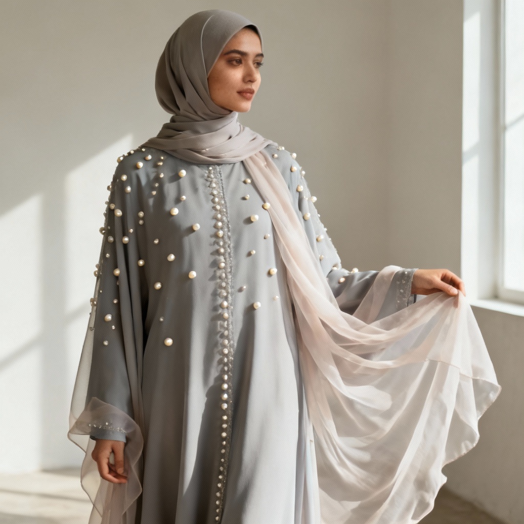 AI pearl embroidered farasha abaya with chiffon drape