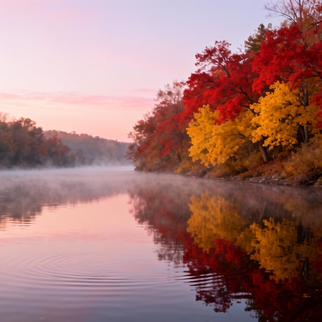AI foggy autumn riverbank with red and yellow foliage