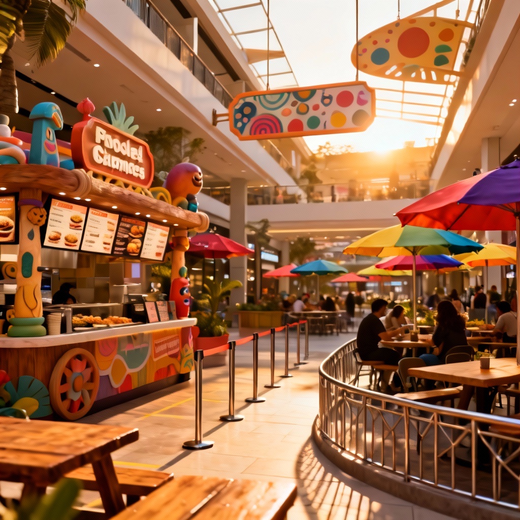 Themed food court with signage, props, and seating plan
