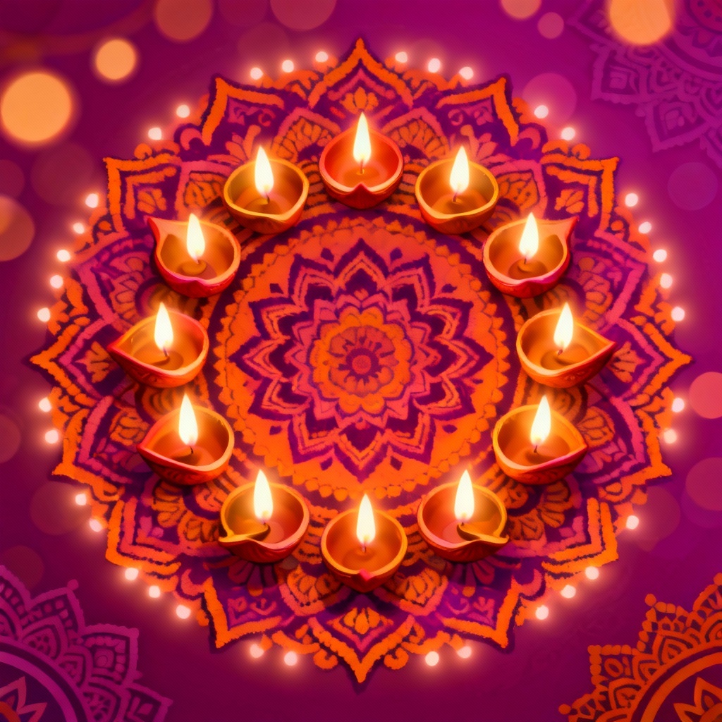 AI Diwali poster with colorful diyas and rangoli pattern