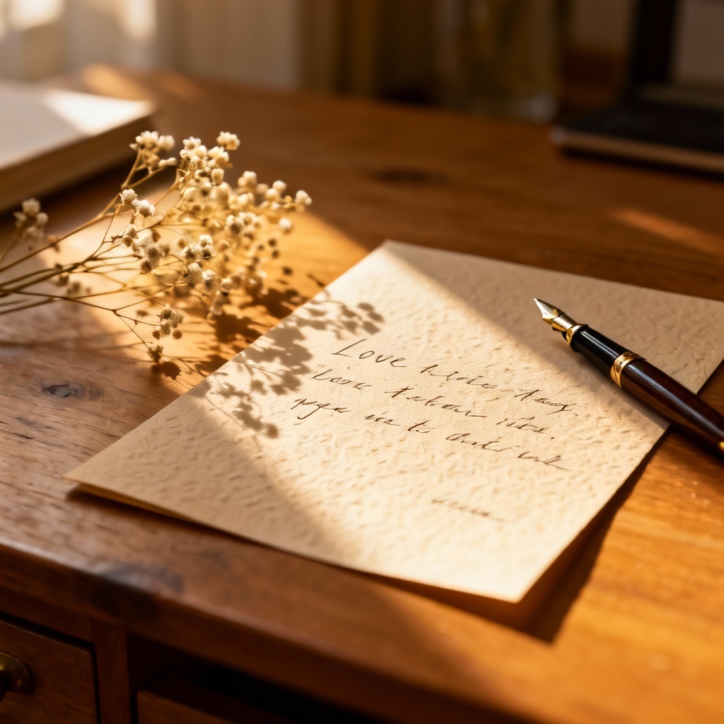 Cozy desk with handwritten heartfelt note and dried flowers